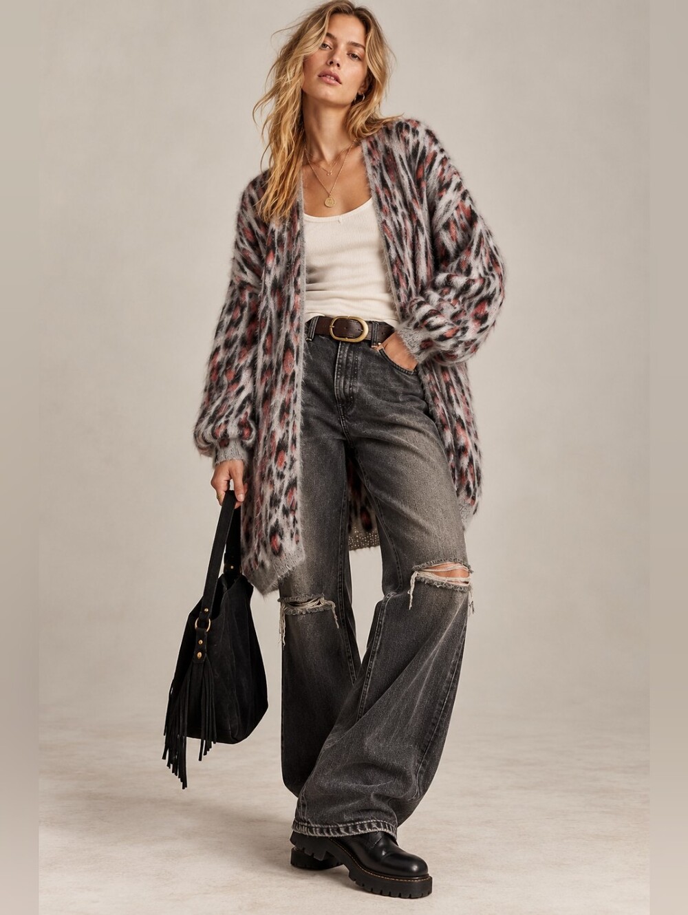 ANTHROPOLOGIE Zoey Leopard Balloon Sleeve Mohair Oversized Cardigan Sweater S
